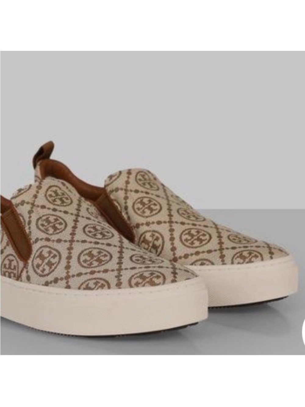 Tory Burch Cream & Brown Monogram Slip-On Sneakers